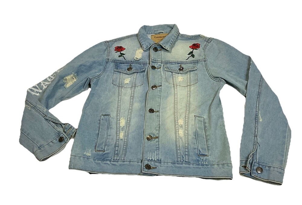CARBON Distressed Denim Jacket Dragon Rose Embroidery Mens Womens M